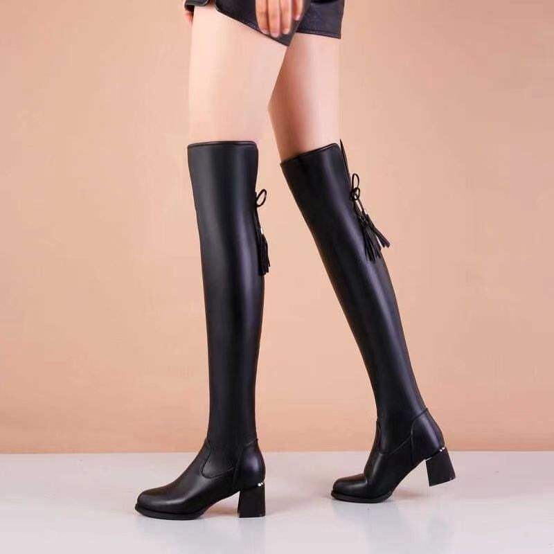 Lange Stiefel Damen Weiches Leder Elastische Stiefel Skinny Hohe Lederstiefel Herbst und Winter Samt Warme Mode Dicke Ferse Kniestiefel