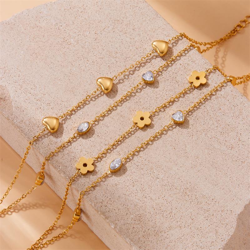 Gold Plated Flower and Heart Cubic Zirconia Double Layer Chain Bracelet for Women Stainless Steel