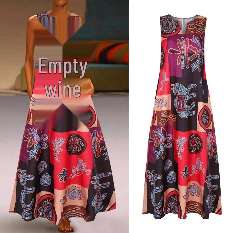 Plus Size Women Swing Dress Cotton Linen Sleeveless V Neck Retro Print with Pockets