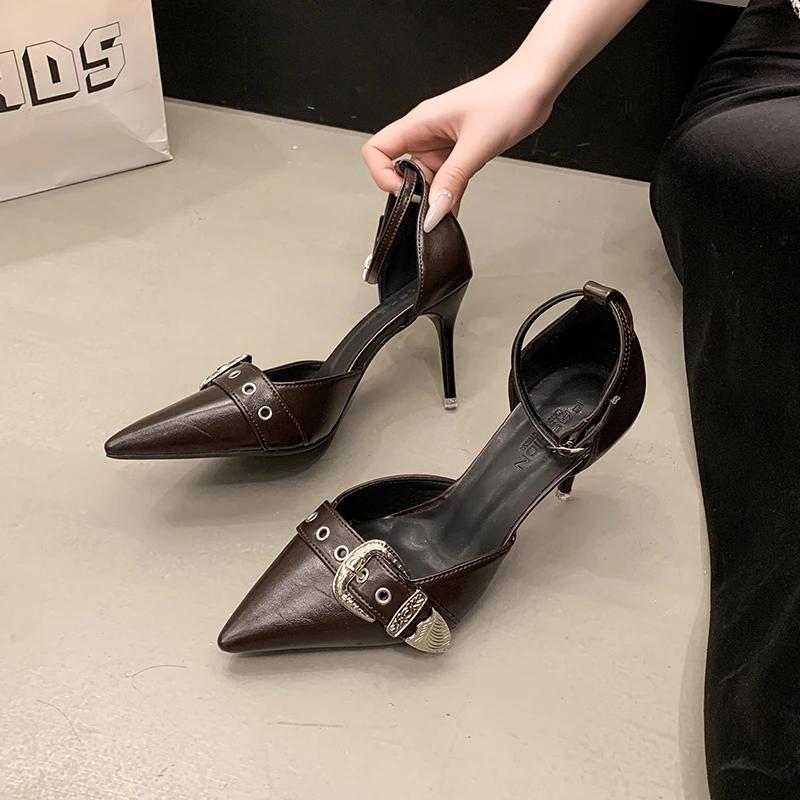 

2025 New Sexy Women Pointed Toe High Heels Sandals Party Shoes Summer Dress Luxury Buckle Brand Shoes Woman Fashion Pumps Mujer 35 чорний