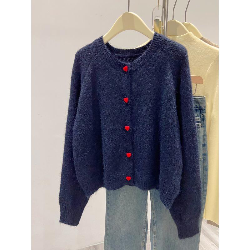 

Love button gentle wind knitted sweater women s spring and autumn temperament versatile top lazy sweater jacket L тёмно-синий