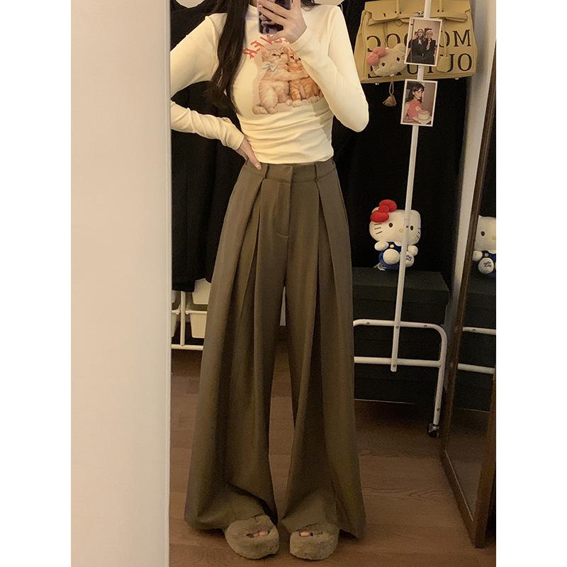 

Women s High-Waist Black Wide-Leg Suit Pants - Spring, Casual, Floor-Length 3XL хаки
