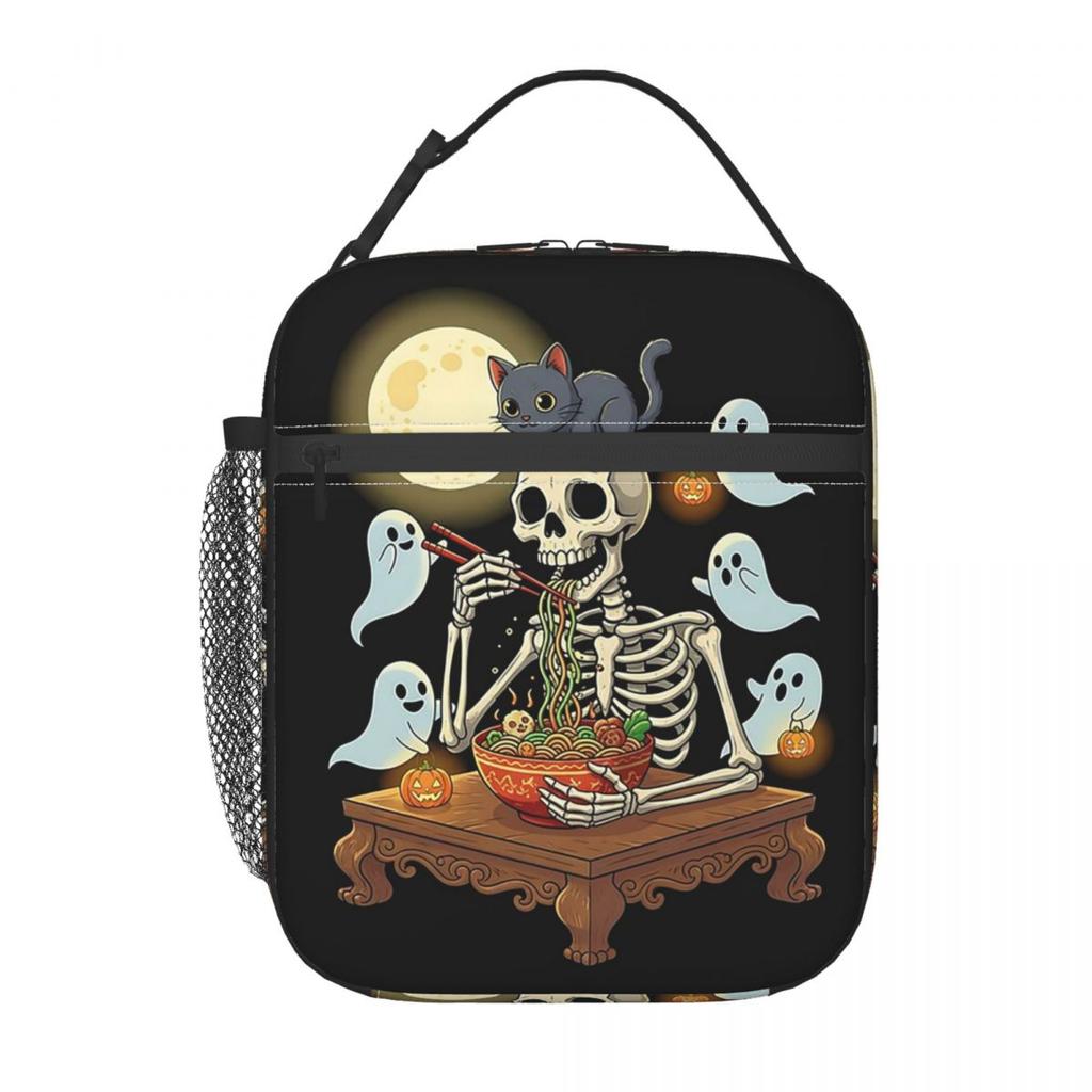 Cartoon Skeleton Eating Ramen Food Halloween Insulated Lunch Bag for Women Children Portable Food Boxes Thermal Lunch Box Tote