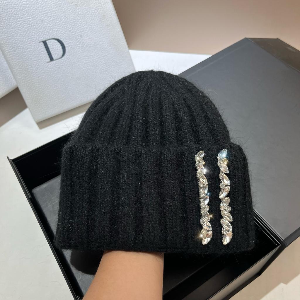 Paris Heavy Industry Light Luxury Rhinestone Knitted Hat Women'S Winter Outdoor Warm Rabbit Hair Wool Hat Wide Stripe Shows Small Face