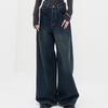 Women Retro Jeans High Waist Straight Wide Leg Long Pants Pockets Dark