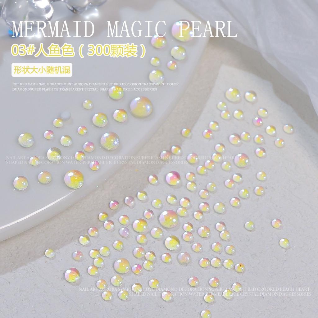 300pcs 3D Magic Colorful Mermaid Round Glass Aurora Translucent Crystal Beads Nail Charms Nail Art Decoration Accessories Tips