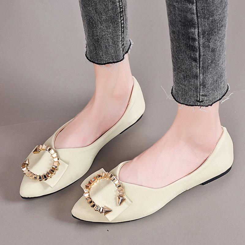 Women's Flat Single Shoes 2024 Spring Metal Button Pointed Toe Casual Shoes for Women Shallow Slip On Office Ladies Flat Shoes