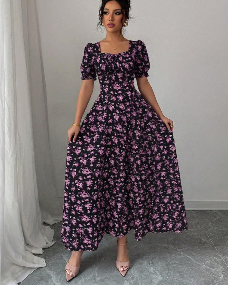 2025 Summer Fashion Women's Printed U-neck Short-sleeved Large Swing Dress