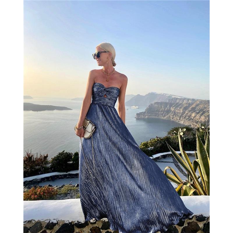 Ladies Summer New Sexy Chest Wrapped Bronzing Party Dress Solid Color Elegant Casual Big Swing Decoration Design Long Skirt
