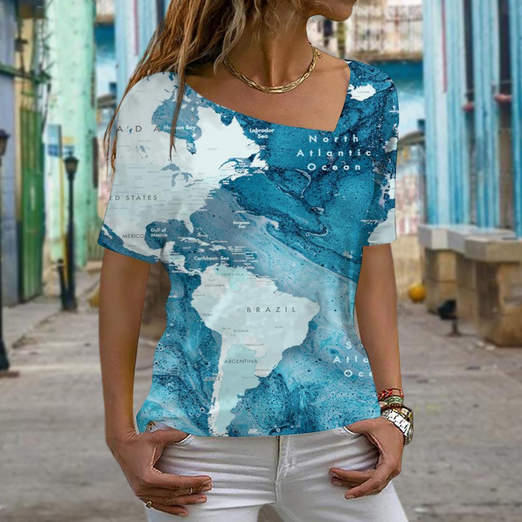 Sommer 3D-gedruckte Marmor Tie Dye Serie Damen Casual Schräghals Kurzarm T-Shirt