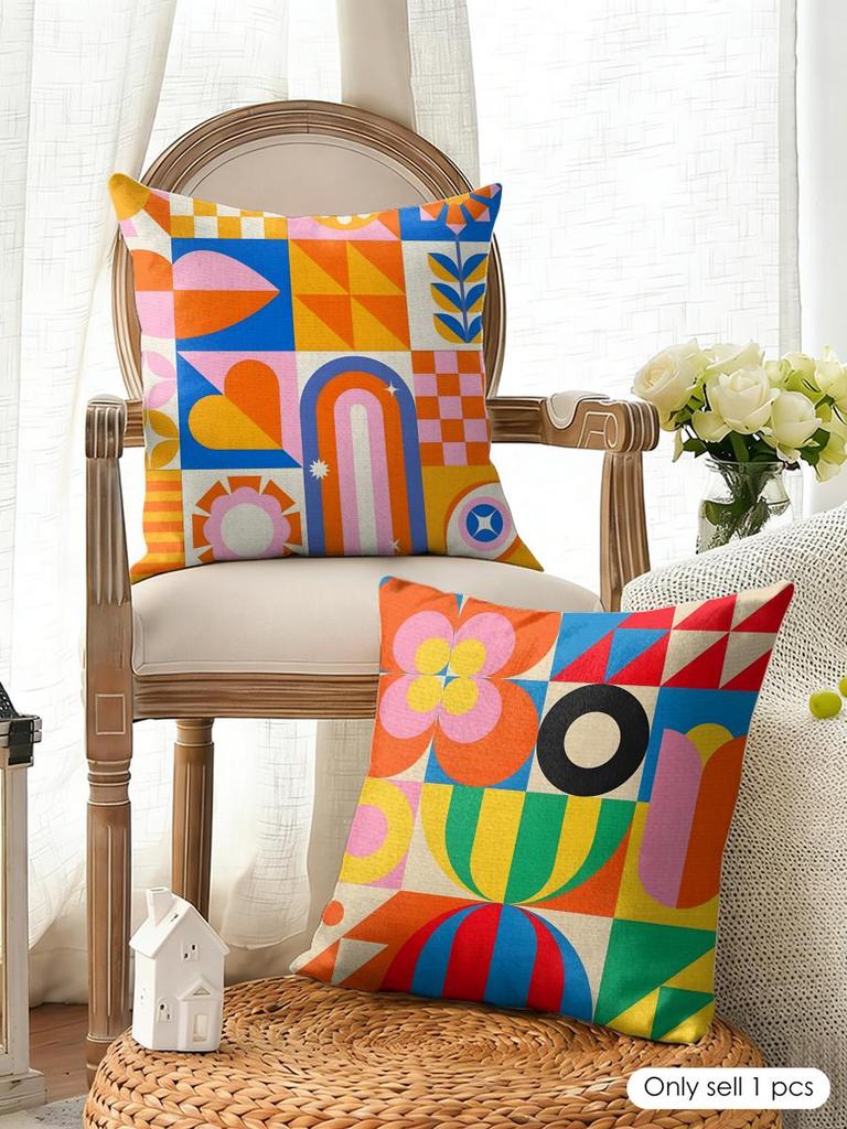 Geometric Patterns Cushion Cover Natural Linen Organic Fabric Double-Sided Printing Breathable Perfect For Home Decor
