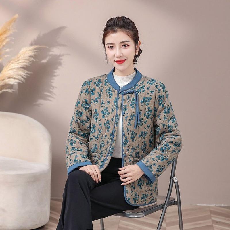 Button stand-up collar padded jacket for women's winter new retro printing padded padded padded jacket padded jacket