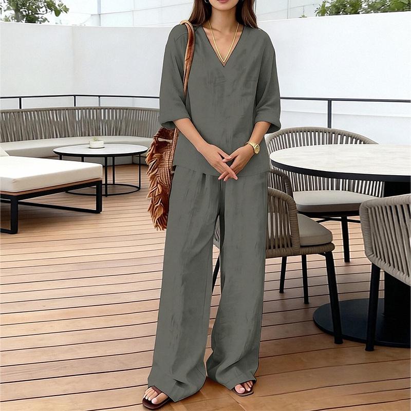 2026 Spring Women's Fashion: Solid Color V-neck Long Sleeve Top & Long Pants Set