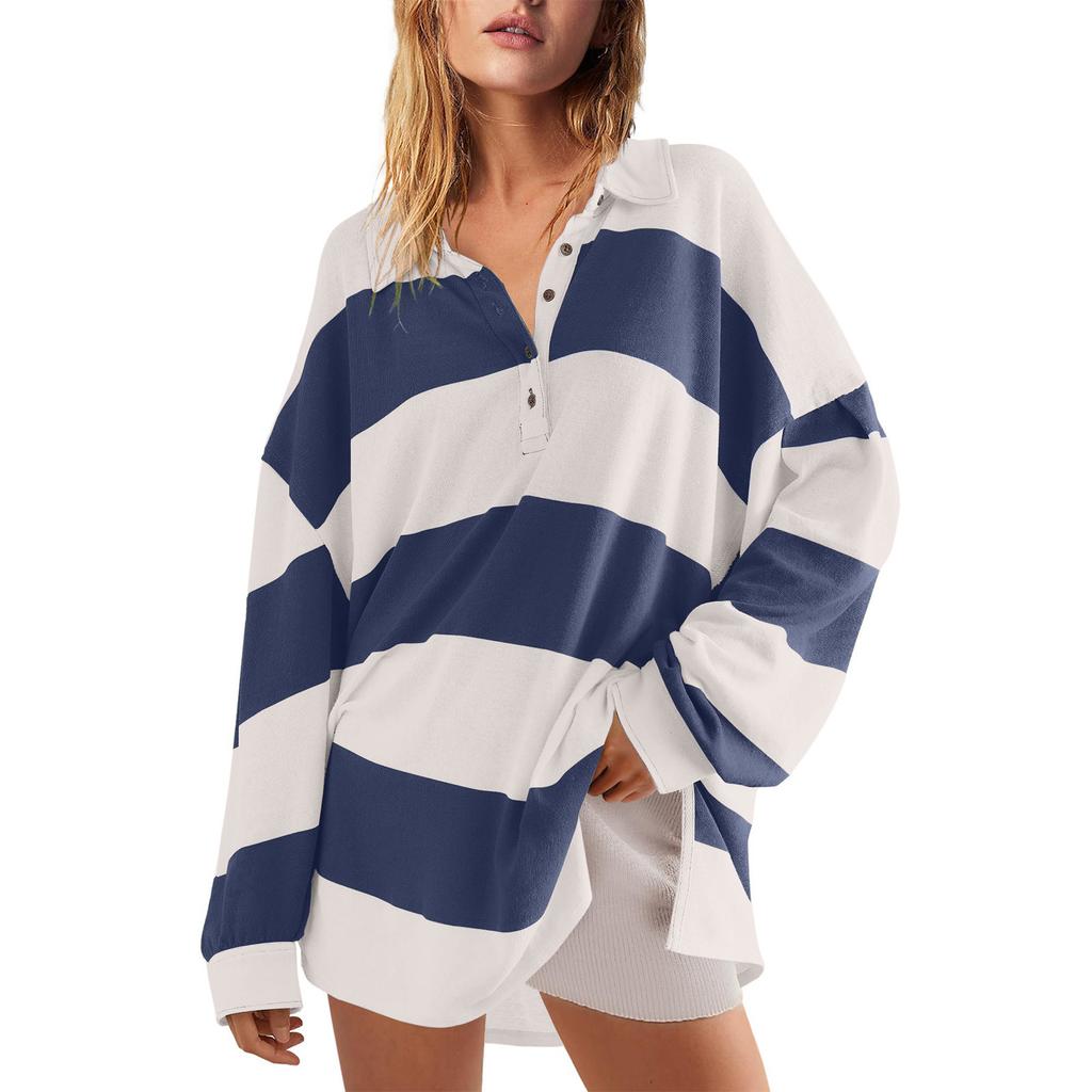 Women's Fashionable Striped Lapel Long Sleeved Sports Casual Pullover Sweatshirt Top