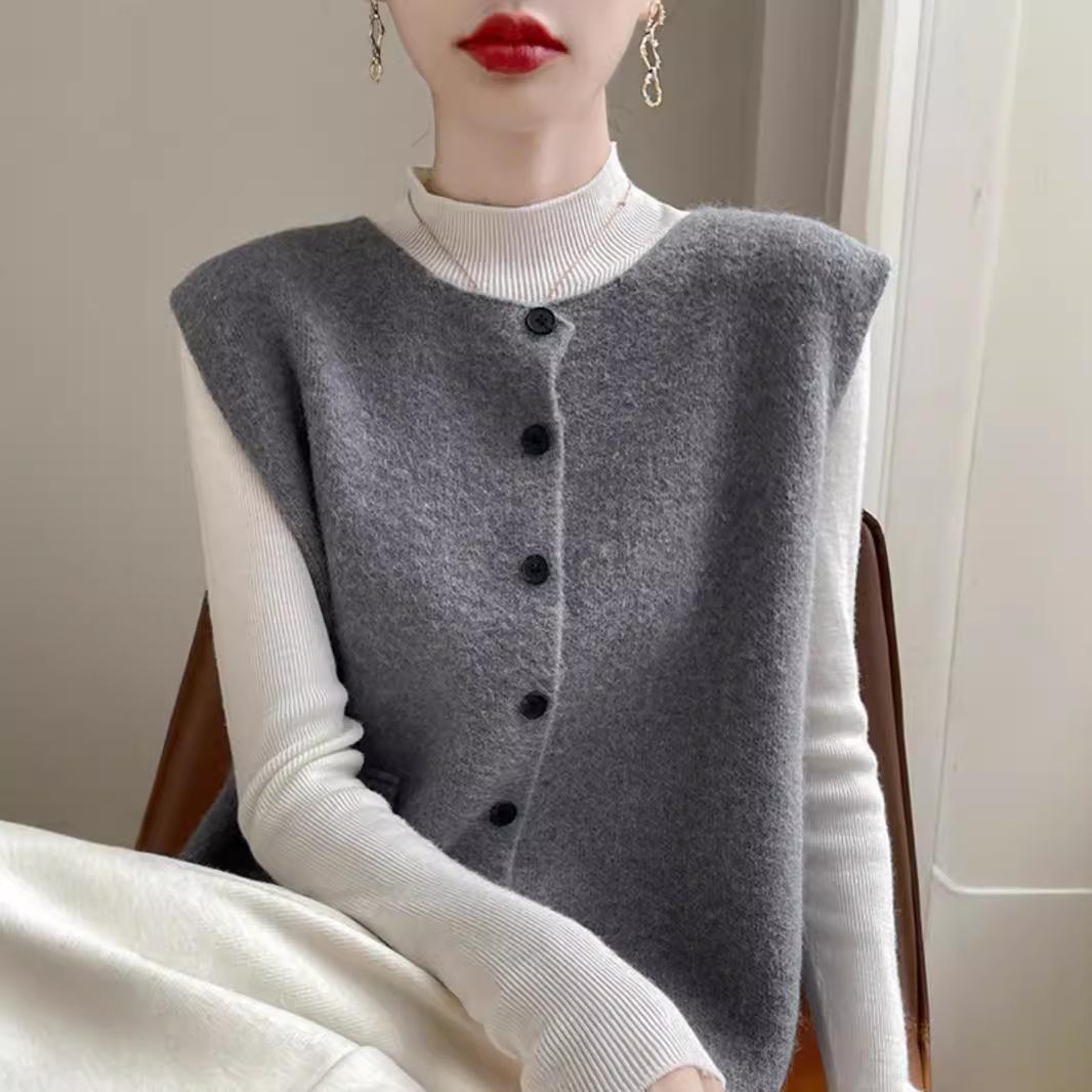 

Retro Knit Sleeveless Cardigan Vest - Round Neck, Versatile Layering, Machine Washable 3XL 140-150