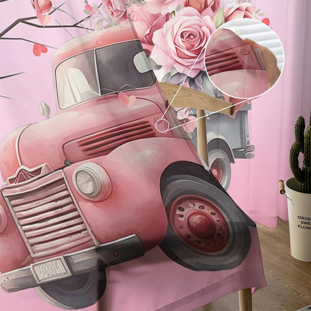 Valentine'S Day Love Truck Rose Branch Sheer Window Curtain Tulle Curtains for Livingroom Bedroom Hotel Home Decor Voile Drapes