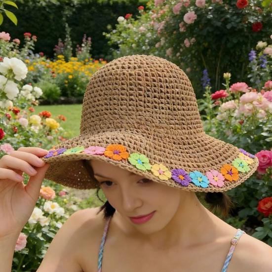 Beach Hat Hollow Design Large Eaves UV Blocking Colorful Flower Decoration Sun Protection Hat Portable Hand-Crocheted Straw Hat
