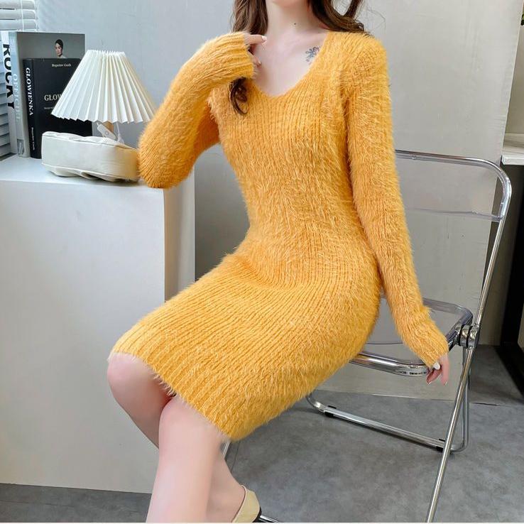 Осень-зима женский повседневный бархат из искусственной норки, сохраняющий тепло, сексуальный облегающий свитер с v-образным вырезом, большой размер, вязаное мини-платье S-3XL L жёлтый