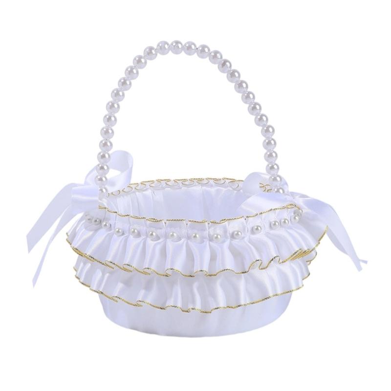 Decorative Pearls Embellished Storage Basket With Golden Edges for Wedding Reception Party Decorations