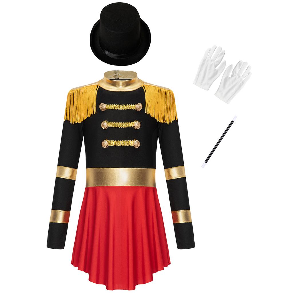 4Pcs Kids Girls Circus Magician Costume Complete Set: Long Sleeve Jumpsuit with Keyhole Back, Top Hat, Gloves & Wand for Halloween Show