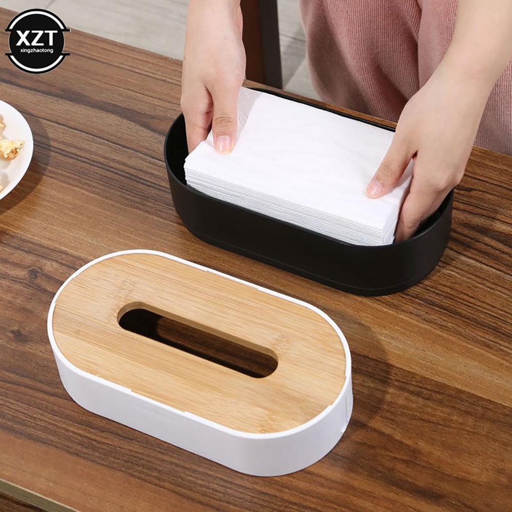 Tissue Box Wooden Cover Solid Color Tissue Box with Groove Multifunctional Household Room Desktop Tissue Plastic Storage Box