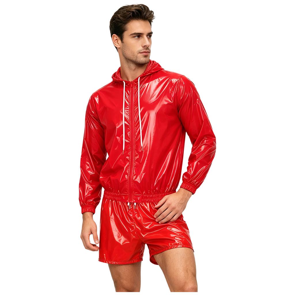 Mens Waterproof Sportswear Long Sleeve Zip Up Hooded Jacket Windbreaker Built-in Briefs Boxer Shorts Sweat Outfit