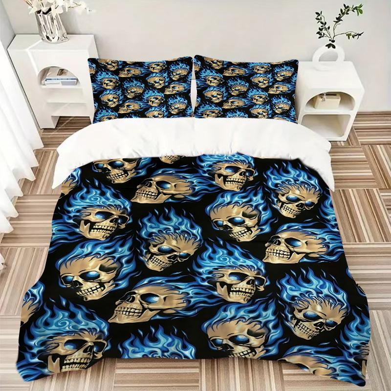 3pcs Bedding Set Flame Skulls Includes 1 Comforter + 2 Pillowcases, Without Pillow Inserts, Soft Comfortable,a0909082