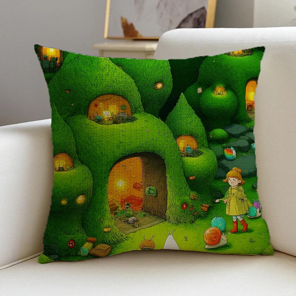 M-Cabin In The Woods Cushion Cover Natural Linen Pillowcase Set, All-In-One Decor For Sofa, Bedroom & Chair