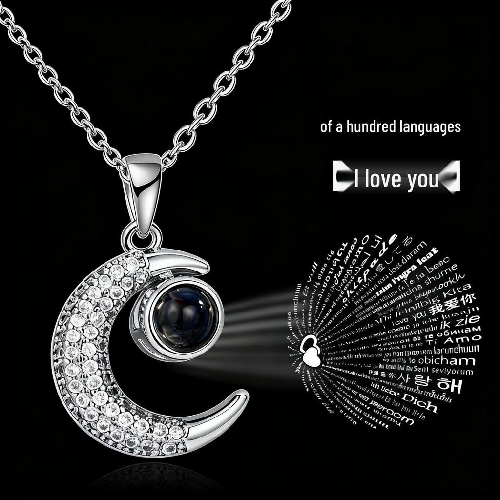 100 Languages Projection Moon Pendant Necklace in Gold-Plated Titanium Steel