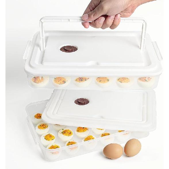 77L Deviled Egg Containers with Lid, (Set of 2), Plastic Deviled Egg Carrier with Handle for 48 Eggs, Clear Storage Devil Egg Platter, Fridge 2
