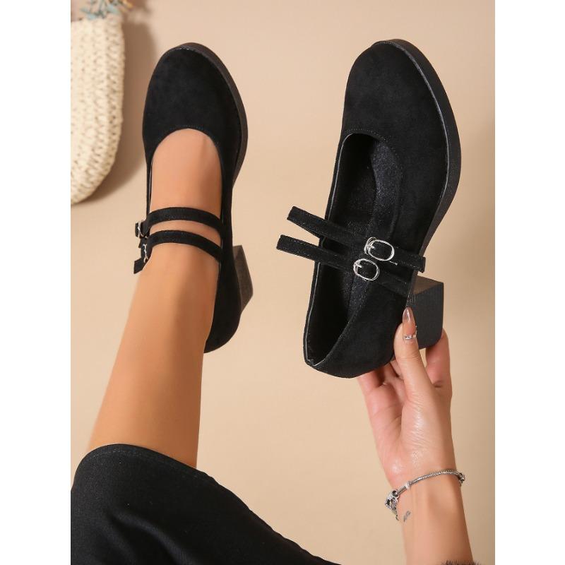 Women's Spring and Autumn Retro Black Small Leather Shoes Fashion Suede One-line Buckle Thick-heeled Women's Shoes