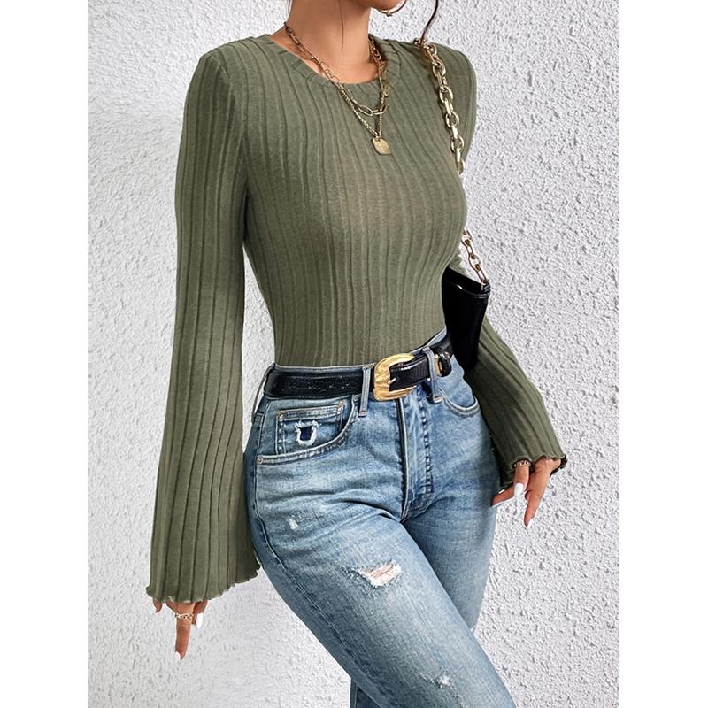 New Autumn Women's Clothing Solid Color Short Fashion Trumpet Sleeve Long Sleeved Round Neck Simple Casual Comfortable T-shirt