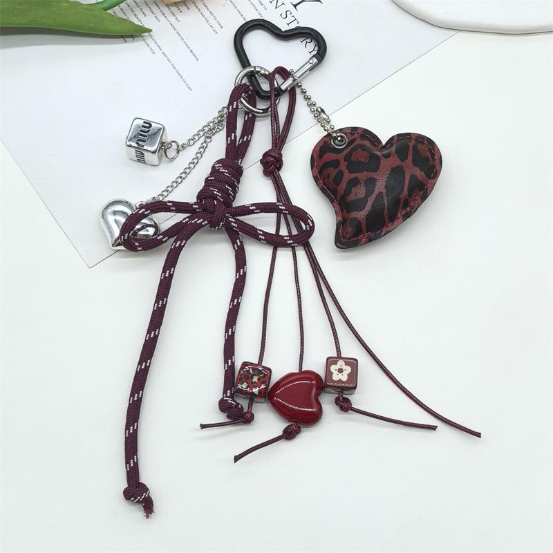 Leopard Print Heart Leather Bow Knot Keychain and Phone Pendant