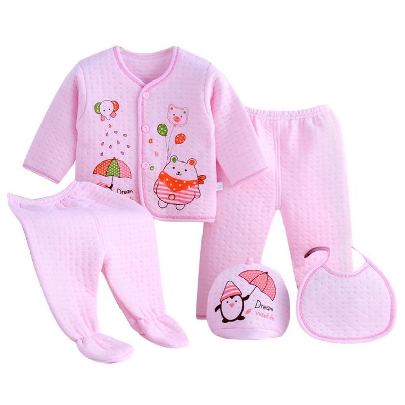 HeavyRain 5PCS Newborn Baby Boy Girl Cartoon Long Sleeve Tops+Hat+Pants +Bib Outfits Set