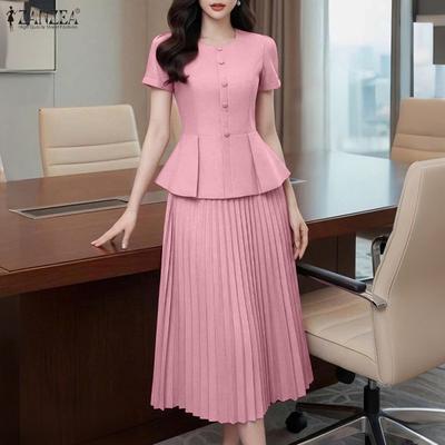 Women Short Sleeve Blouse and Skirts Casual Two Piece Suit Sets