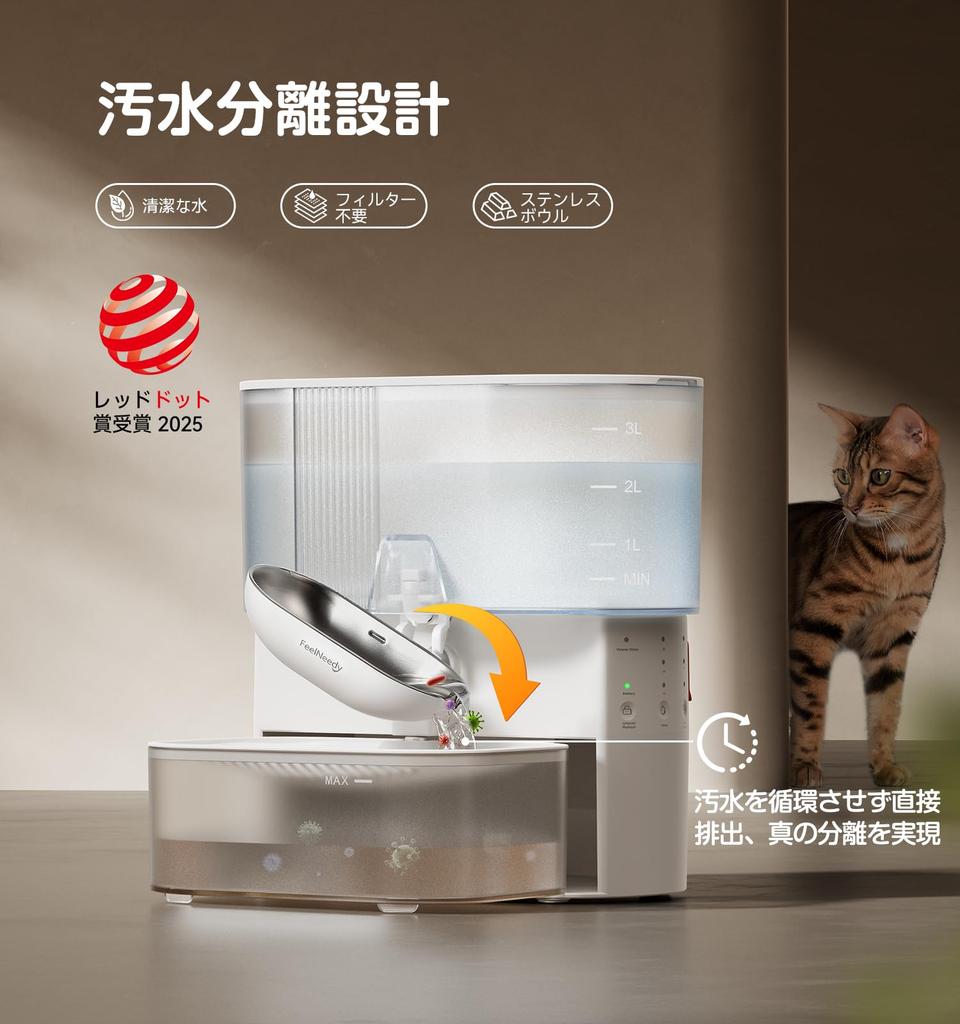 FEELNEEDY Cordless Cat Water Fountain with Separated Wastewater No Filter Wireless Cat Water Automatic Pet Easy To Stainless Steel 180 Days of White