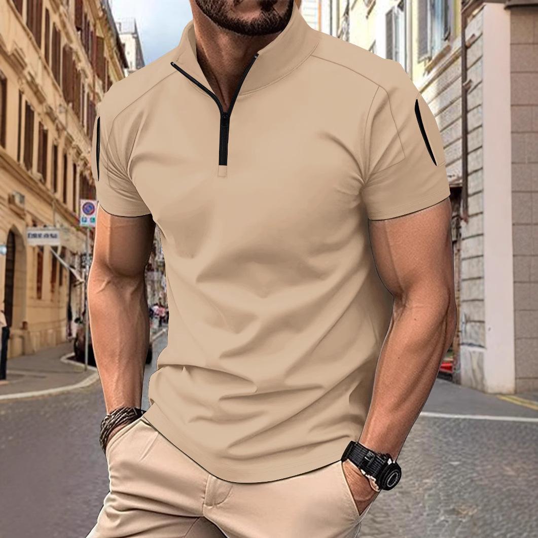 

Men s Summer Casual Patch-Sleeve Pocketed Stand-Collar Plain Short-Sleeve Polo Shirt S хаки