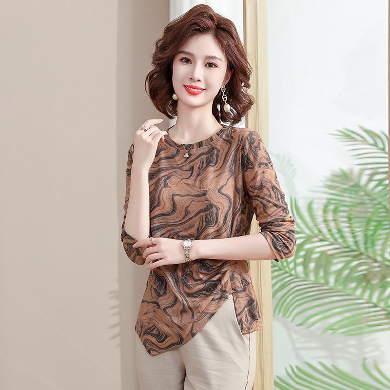 2025 Spring Irregular Long Sleeve T-shirt for Mothers, Fashionable 40s-50s Base Layer Top