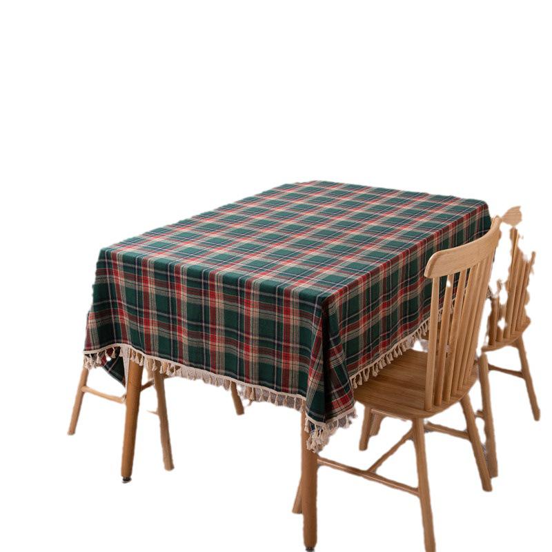 American Style Red and Green Plaid Tassel Tablecloth - Holiday Polyester-Cotton Yarn-Dyed Christmas Decoration.