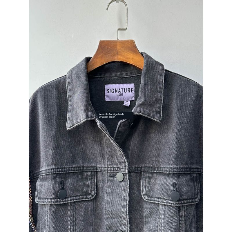 Los Angeles Single Super Cool Big Brand Same Style Boyfriend Style Handsome Profile Versatile Denim Jacket Shoulder Colorful Crystals