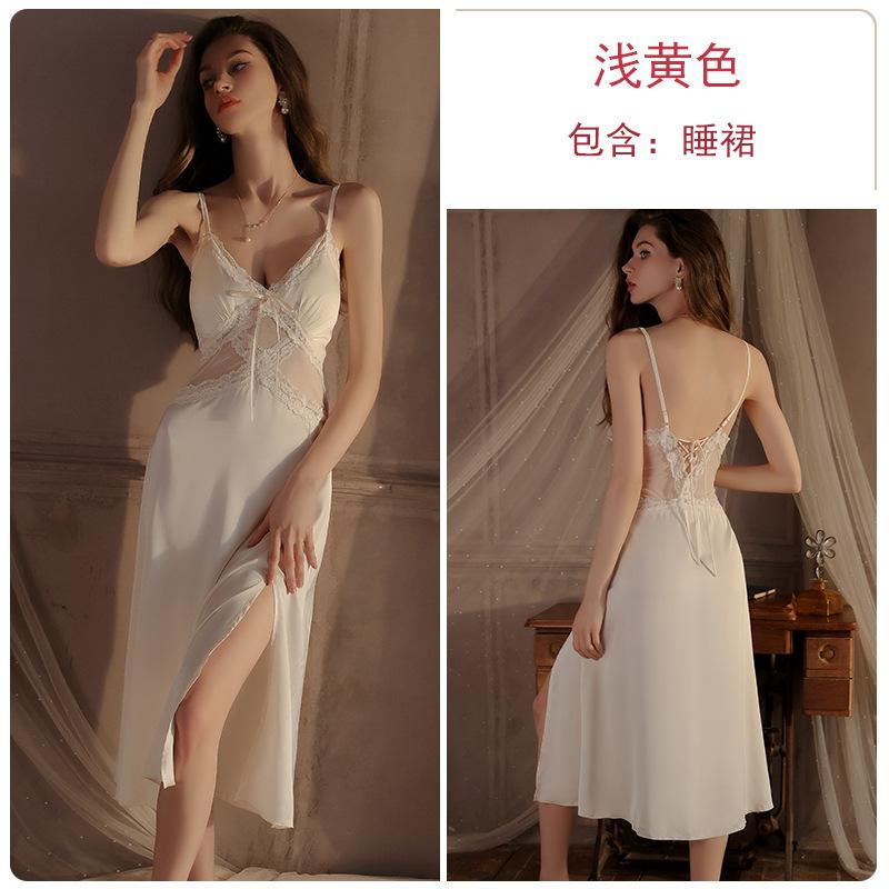 

Sexy pajamas pure lust temptation plus chest pad sweet perspective lace satin nightdress robe set XL
