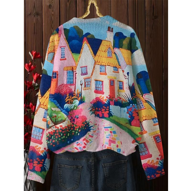 Women Clothing Stylish Vintage Print Chic Knitted Sweater Autumn Winter O Neck Long Sleeve Loose Pullover Tops Y2K Casual Jumper