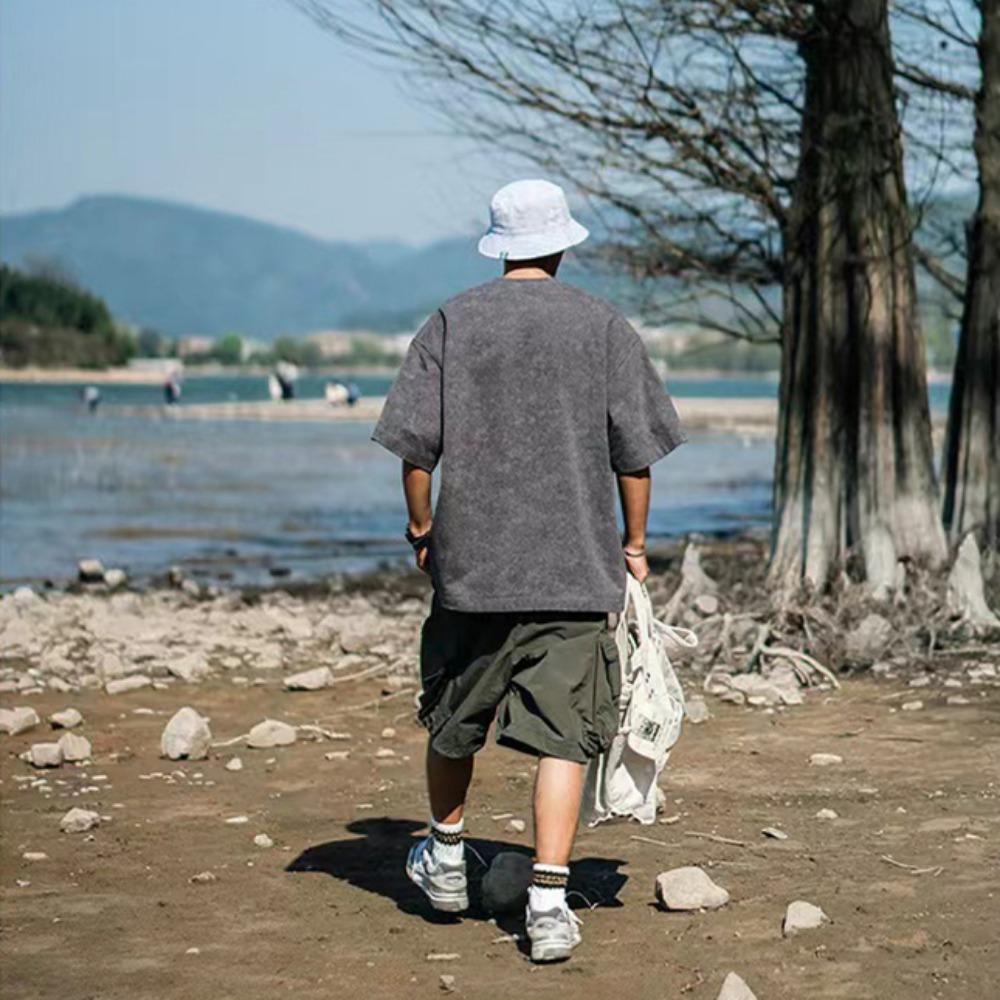 230G Praná Vintage Pánské Tričko s Krátkým Rukávem, Všestranné Jednobarevné Volného Střihu s Kulatým Výstřihem, Trendy Top Ins