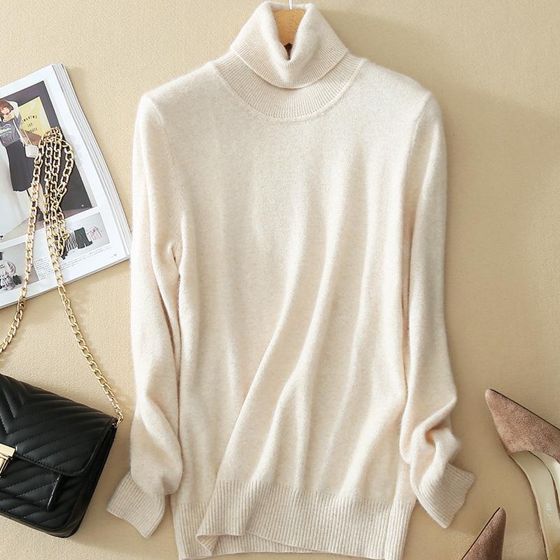 Women's Autumn Winter Korean Style High Neck Knit Sweater Long Sleeve Solid Color Loose Base Layer Pullover