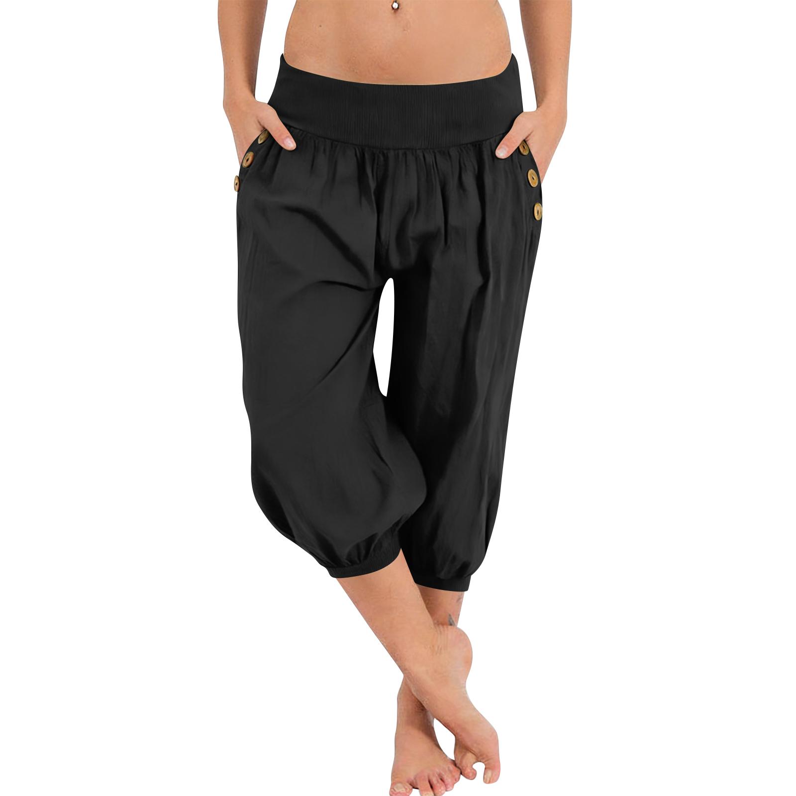 

Women Elastic High Waist 3/4 Pant Casual Fit Wide Capris Leg Pants Trousers With Pockets L чорний