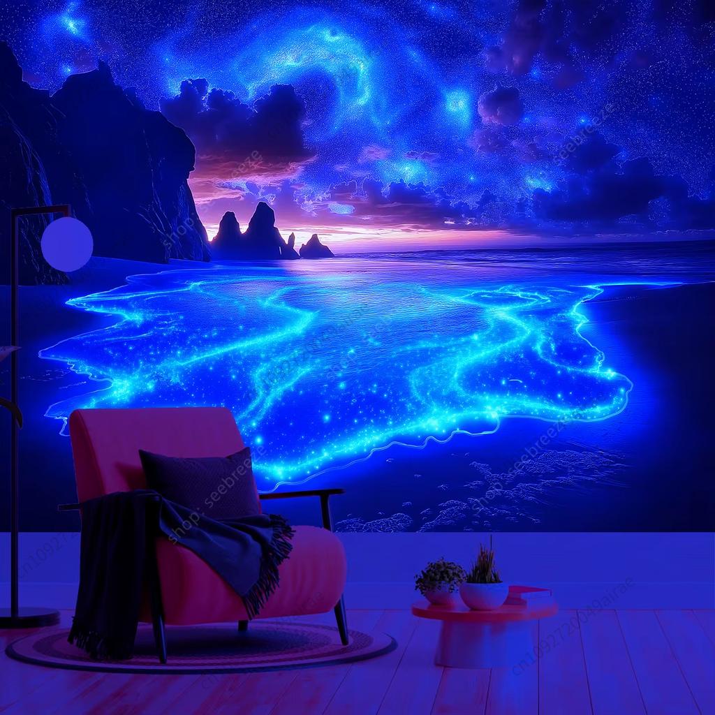 Fantasy Design Ocean Night Scene Wall Tapestry Glowing Beach Starry Sky UV Tapestry Flags Background Cloth Luminous Room Decor
