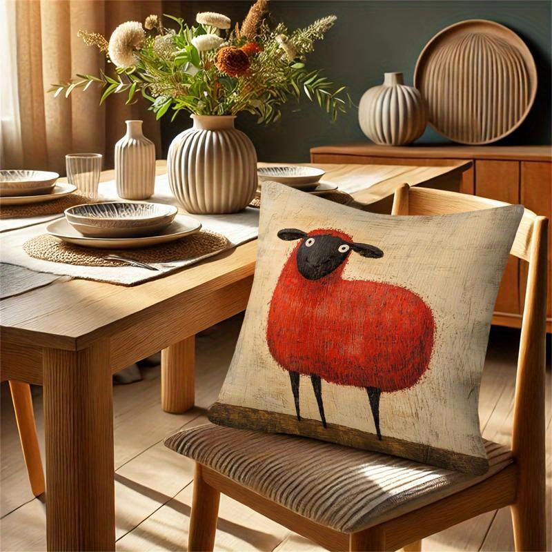 1Pc Vintage Oil Painting Red Sheep Printed Throw Pillow Cover,Suitable For Sofa,Bedroom,Living Room,A Fun Gift For Animal Lovers