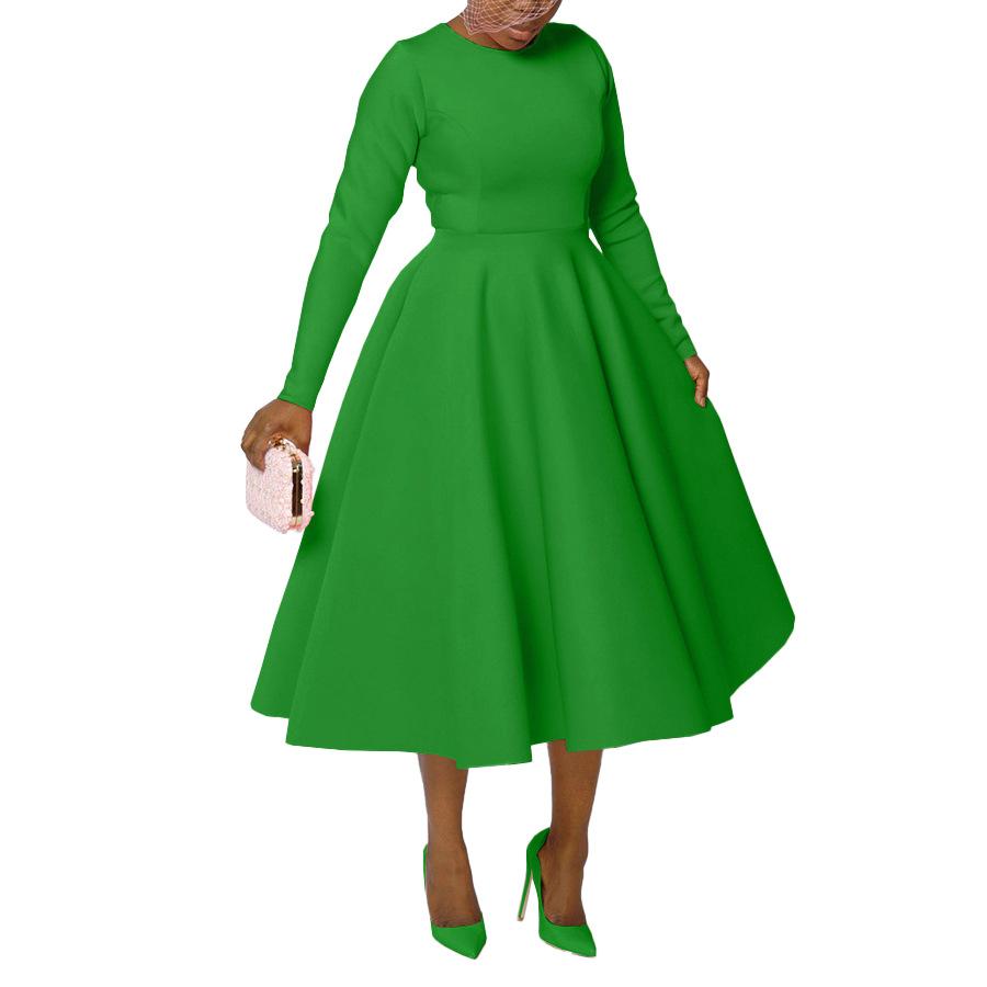 Women Long Sleeve High Neck A Line Midi Dress Solid Color Casual Elegant Dress L зелёный
