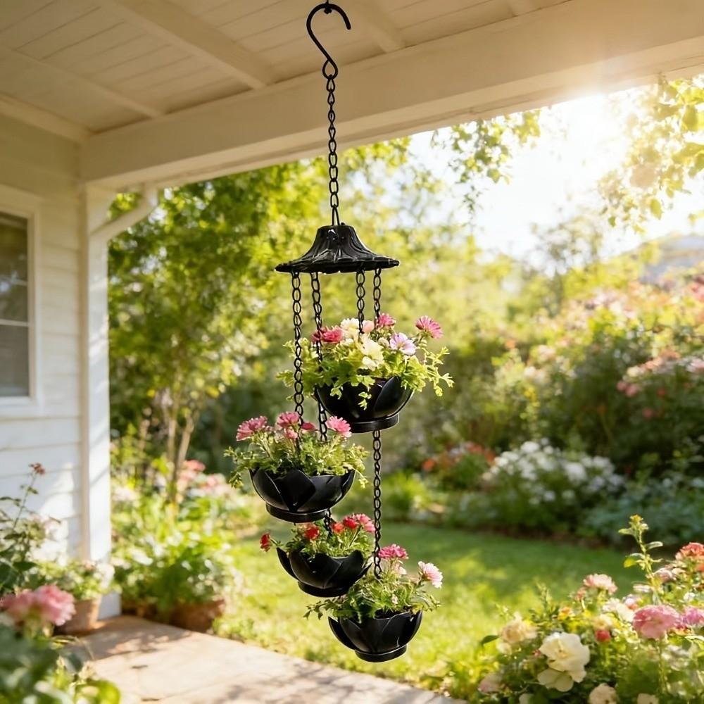 Weather-Resistant Lotus Shaped Hanging Planter Iron Multi-Tier Flower Pots Eave Rain Chain Balcony