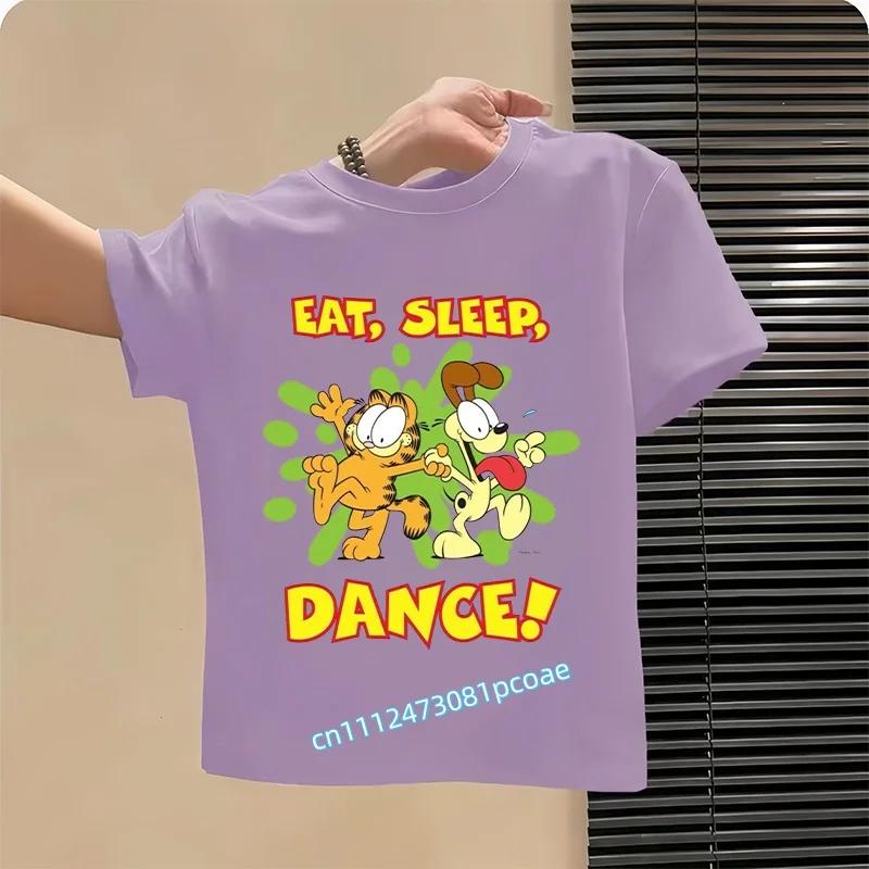 Garfield's new children's pure polyester short-sleeved boys' sports shirt, girls' casual top with cartoon print, summer T-shirt
